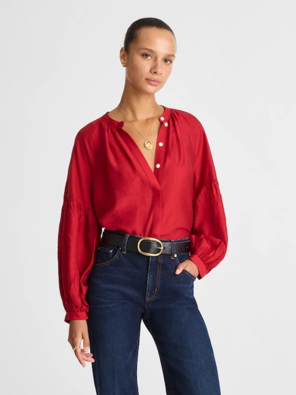 Madewell Women’s Size M Crimson Shirred Balloon Sleeve Blouse